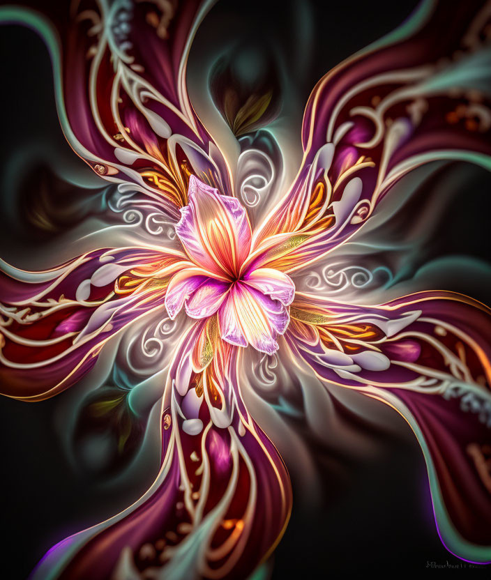 Vibrant swirling flower with iridescent petals on dark background