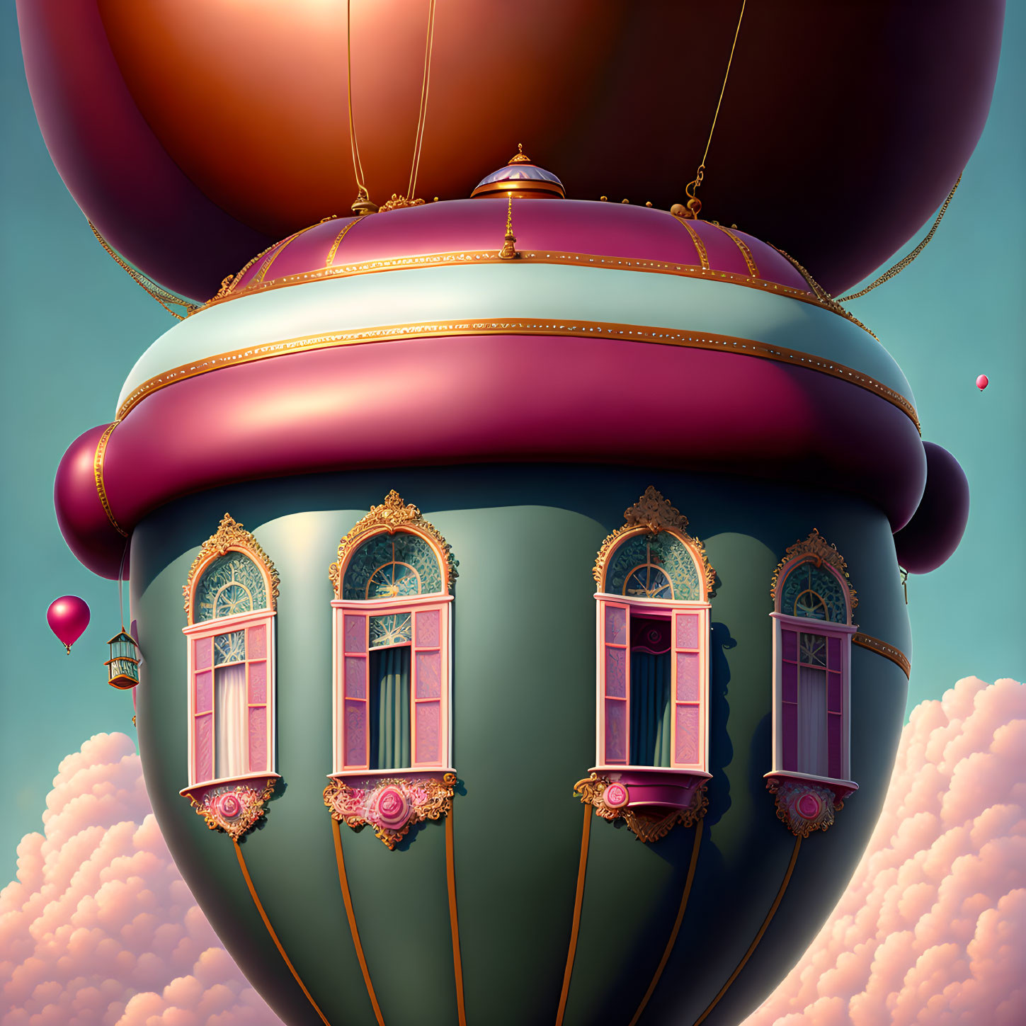 Ornate hot air balloon building with detailed windows in cloudy sky