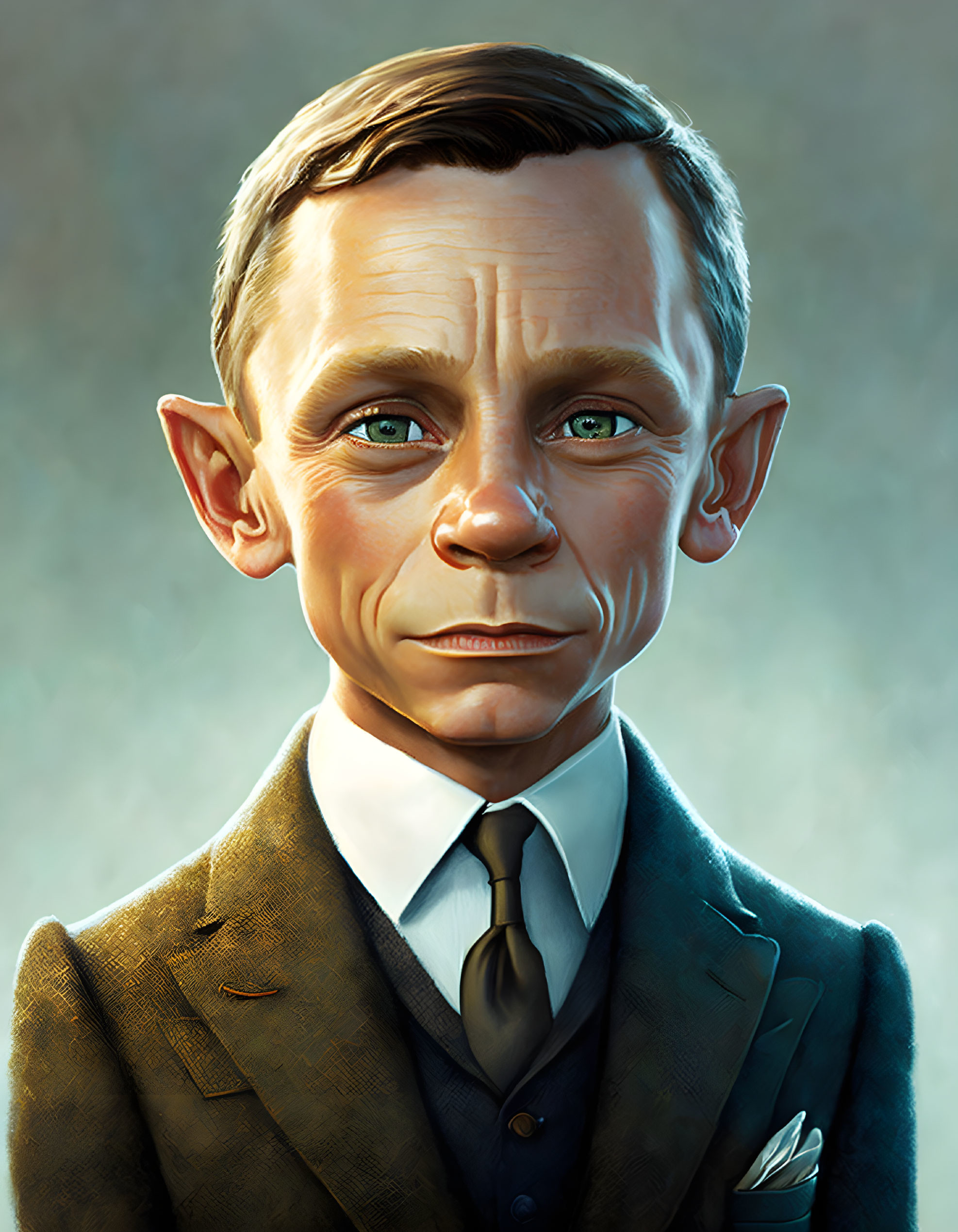 Male Figure in Brown Suit with Exaggerated Elf-like Ears