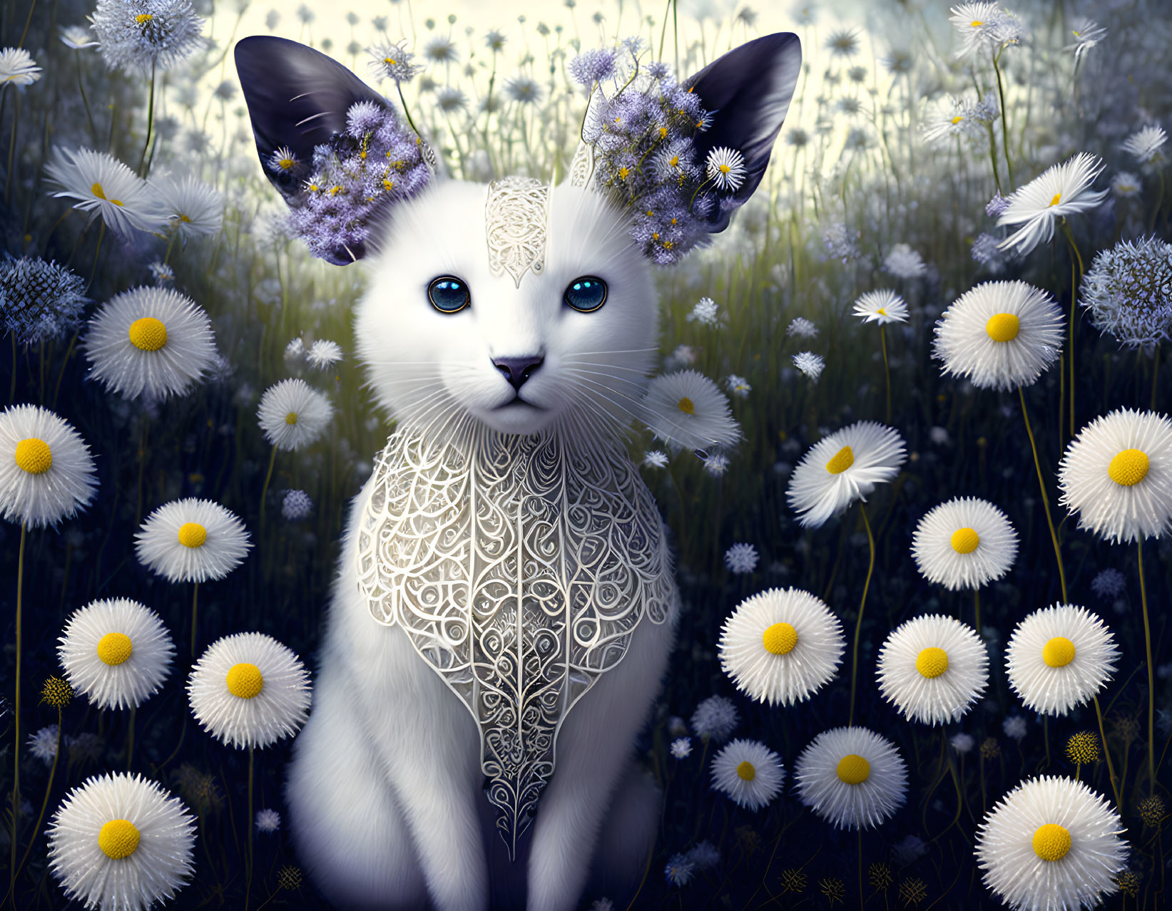 White Cat with Blue Eyes Surrounded by Purple Flowers in Daisy Field