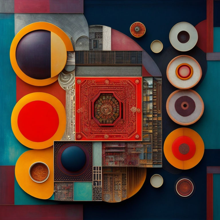 Vibrant geometric art with red square and colorful circles