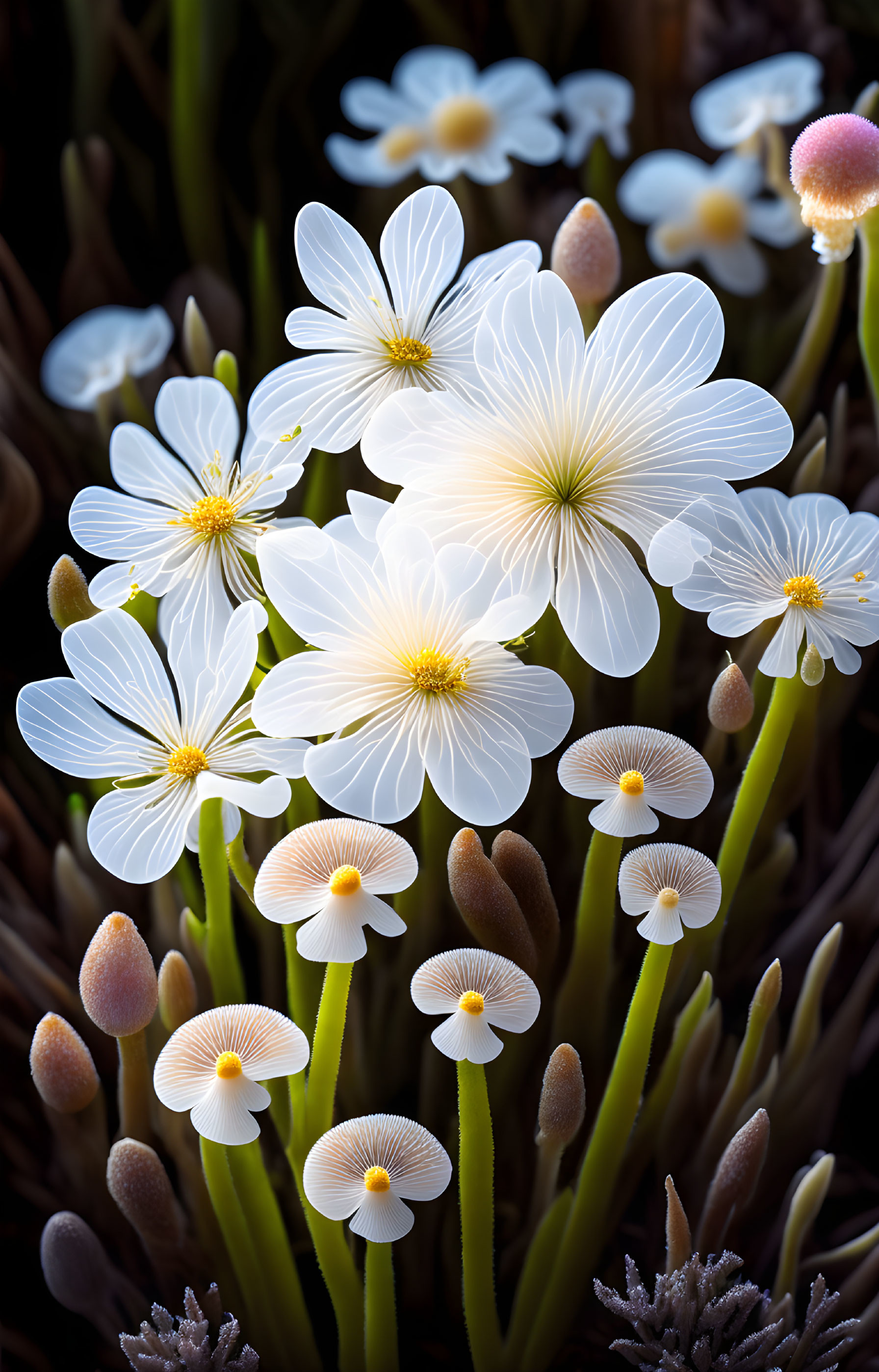 Cluster of white flowers with yellow centers on dark background