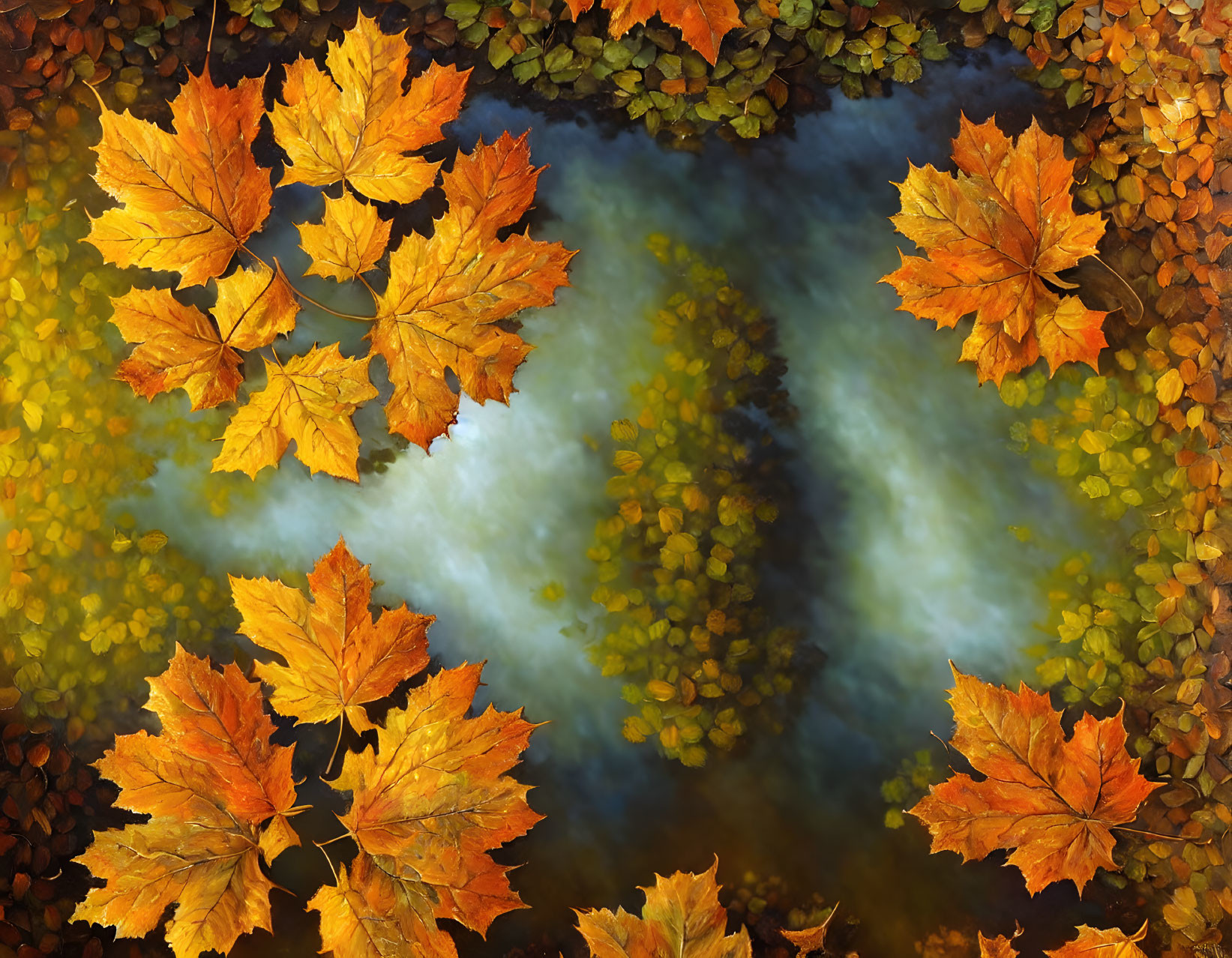 River surrounded by autumn leaves and vibrant foliage reflection