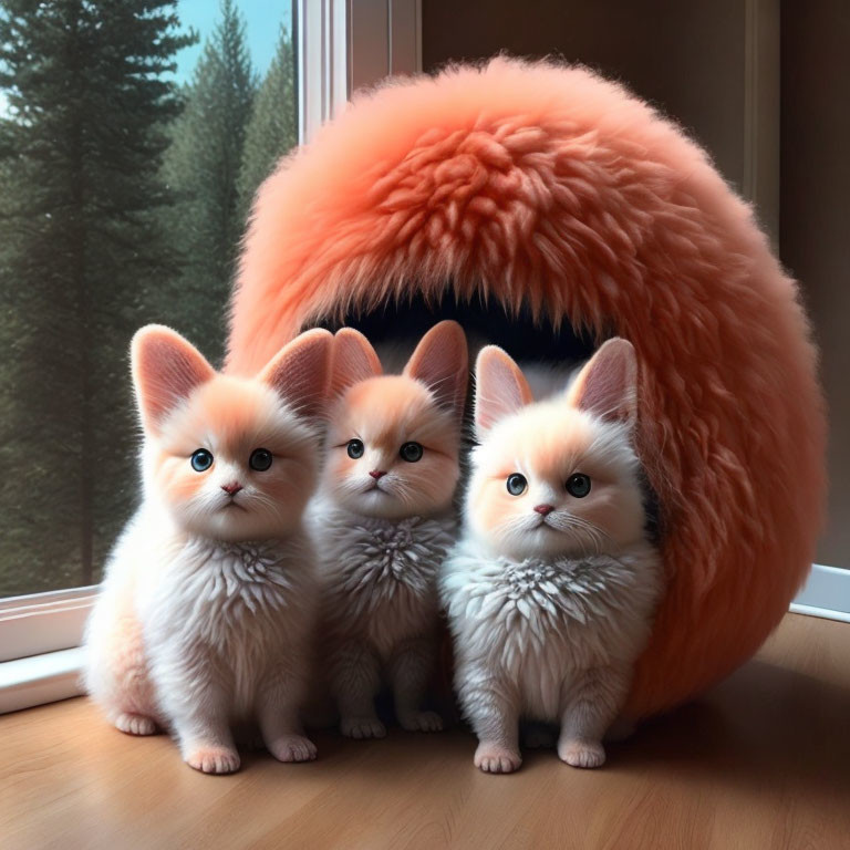 Three Cute Orange Kittens with Large Eyes and Fuzzy Sphere in Forest View