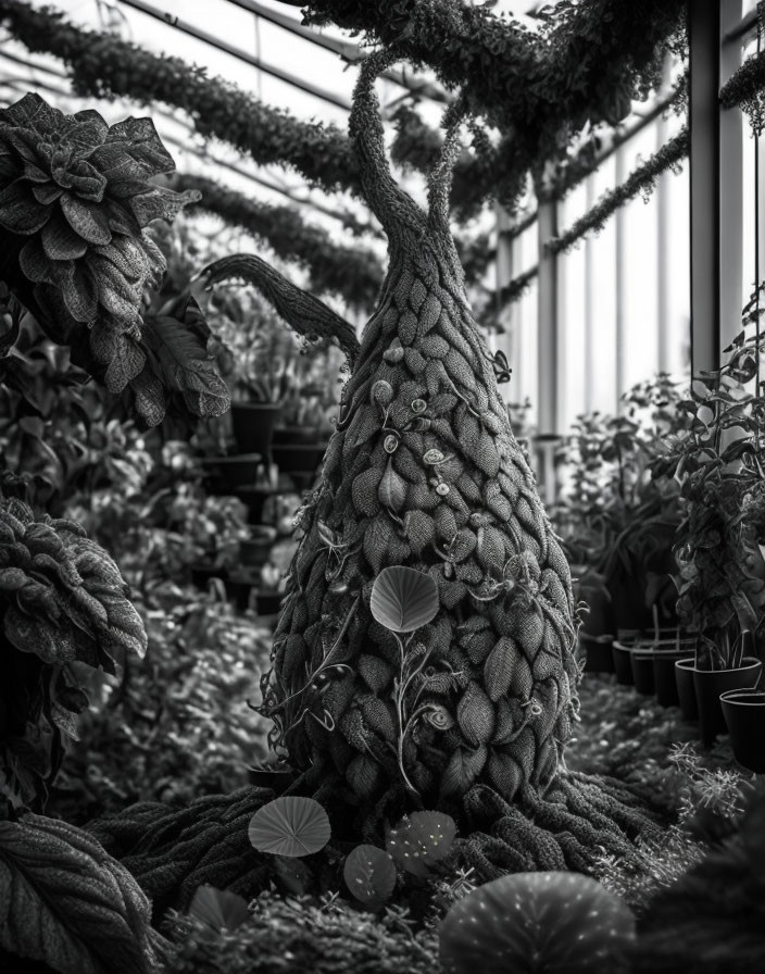 Monochrome whimsical plant sculpture in greenhouse