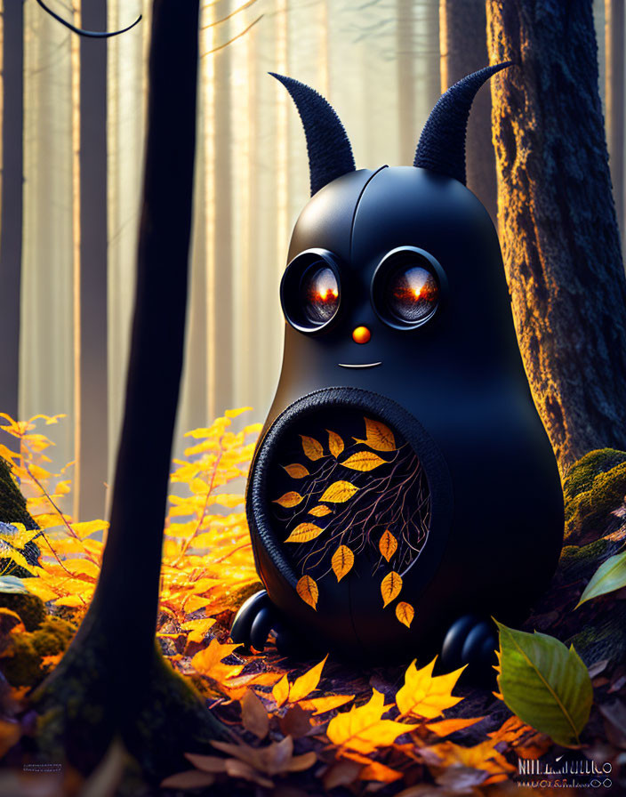 Stylized black creature with leaf patterns in sunlit forest