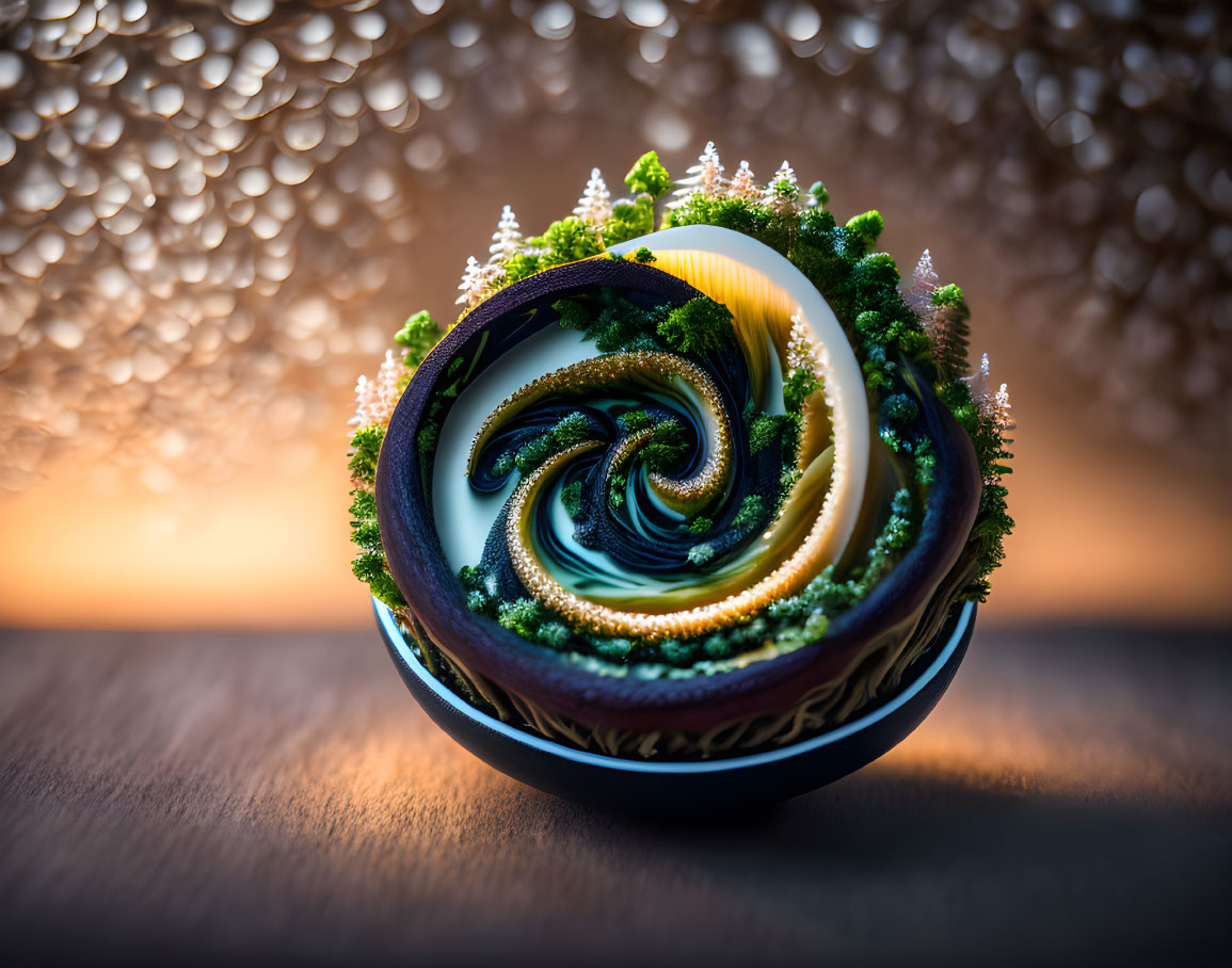 Intricate Fractal Art: Spiral Ecosystem with Lush Greenery