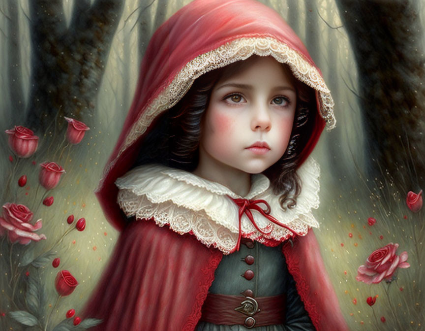 Young girl in red hooded cape among dark woods and red rose petals