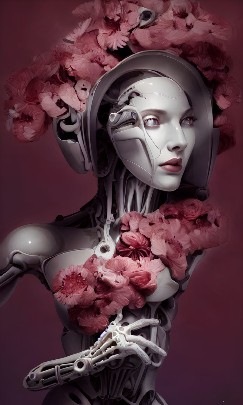 Female Android with Floral Headpiece and Mechanical Body on Pink Background