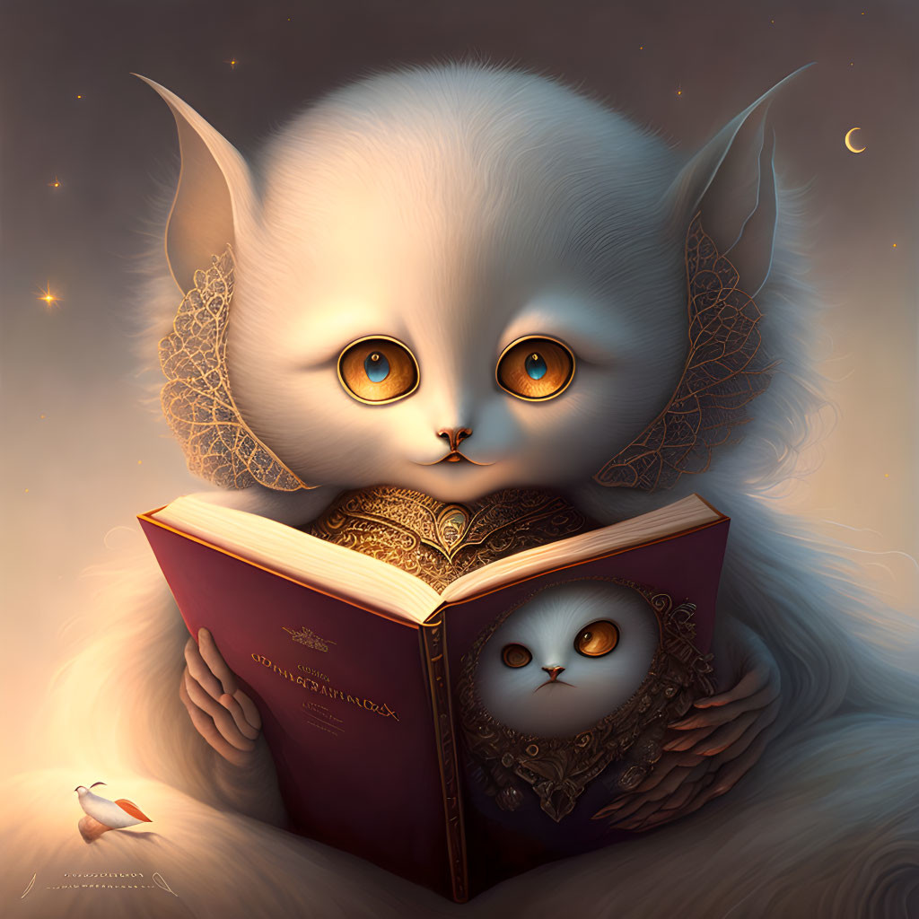 Fantasy cats reading "Encyclopedia Anatomica" under crescent moon