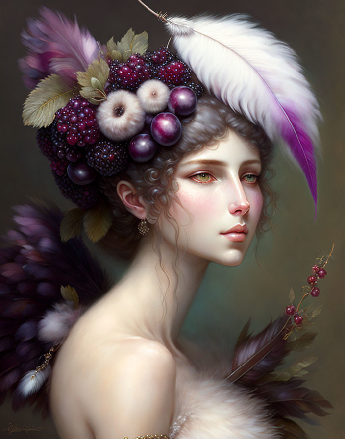 Fantasy woman portrait with berry and feather headdress.