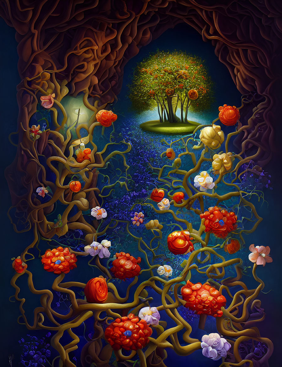 Vibrant painting of magical tree with lush blossoms and natural archway