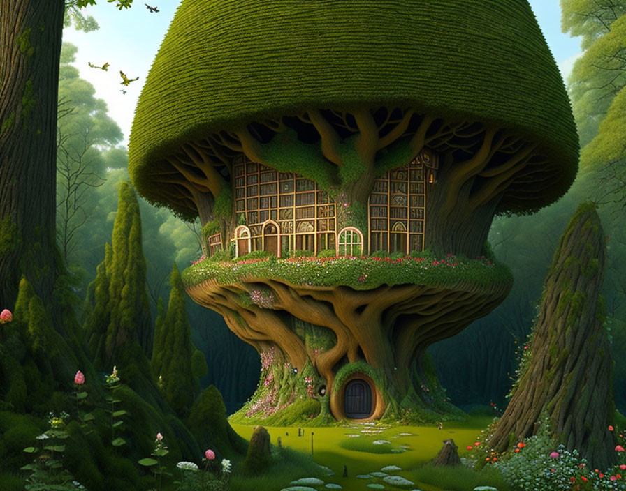 Whimsical treehouse surrounded by lush greenery and vibrant flowers in an enchanting forest.