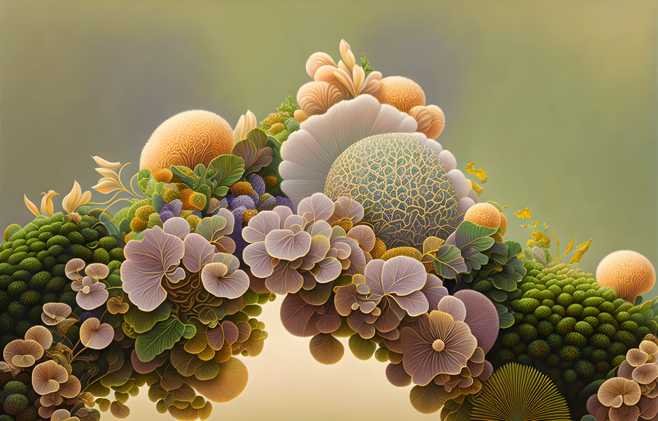 Colorful digital artwork with stylized organic shapes in a lush floral theme.