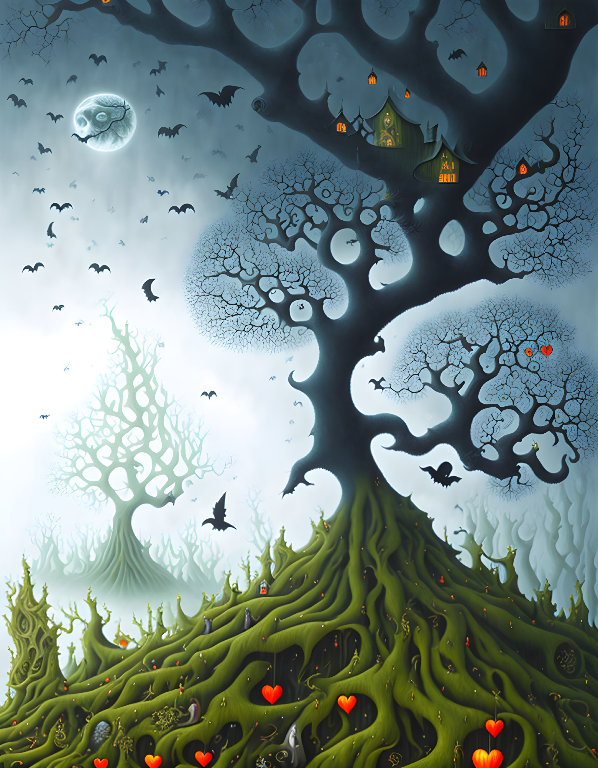 Whimsical illustration of giant tree with houses, smiling moon, bats, heart-shaped fruits, and