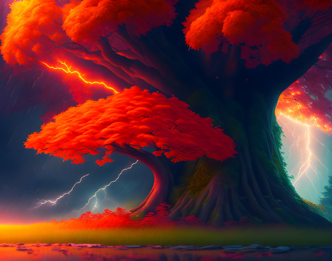 Colorful digital artwork of fantastical forest with giant orange leaves and lightning-filled sky