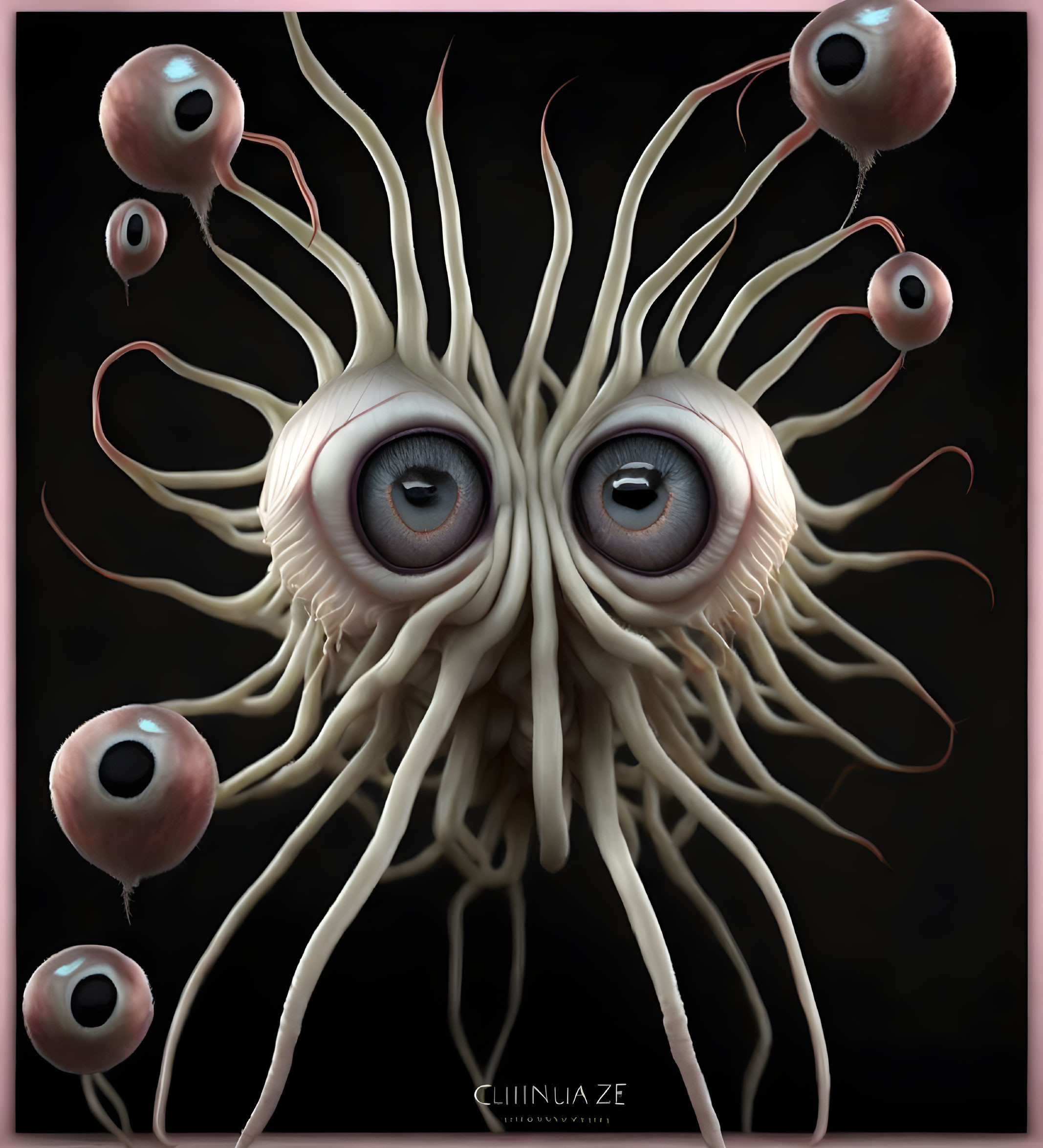 Surreal creature with multiple eyes and tendrils on dark background