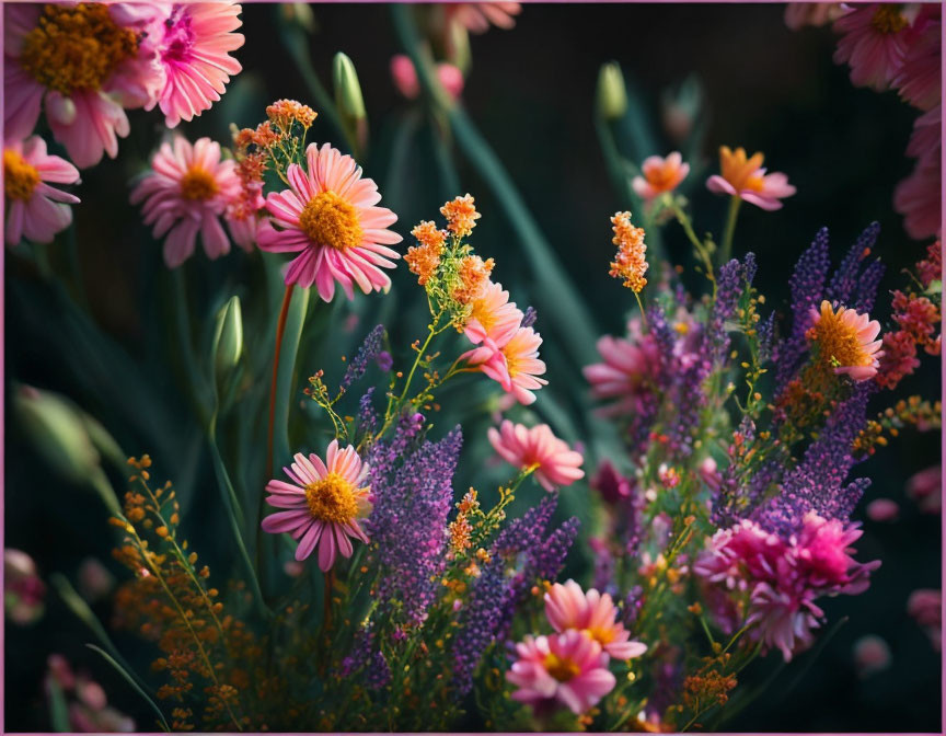 Colorful Garden Bed with Pink Daisies and Wildflowers in Soft Sunlight