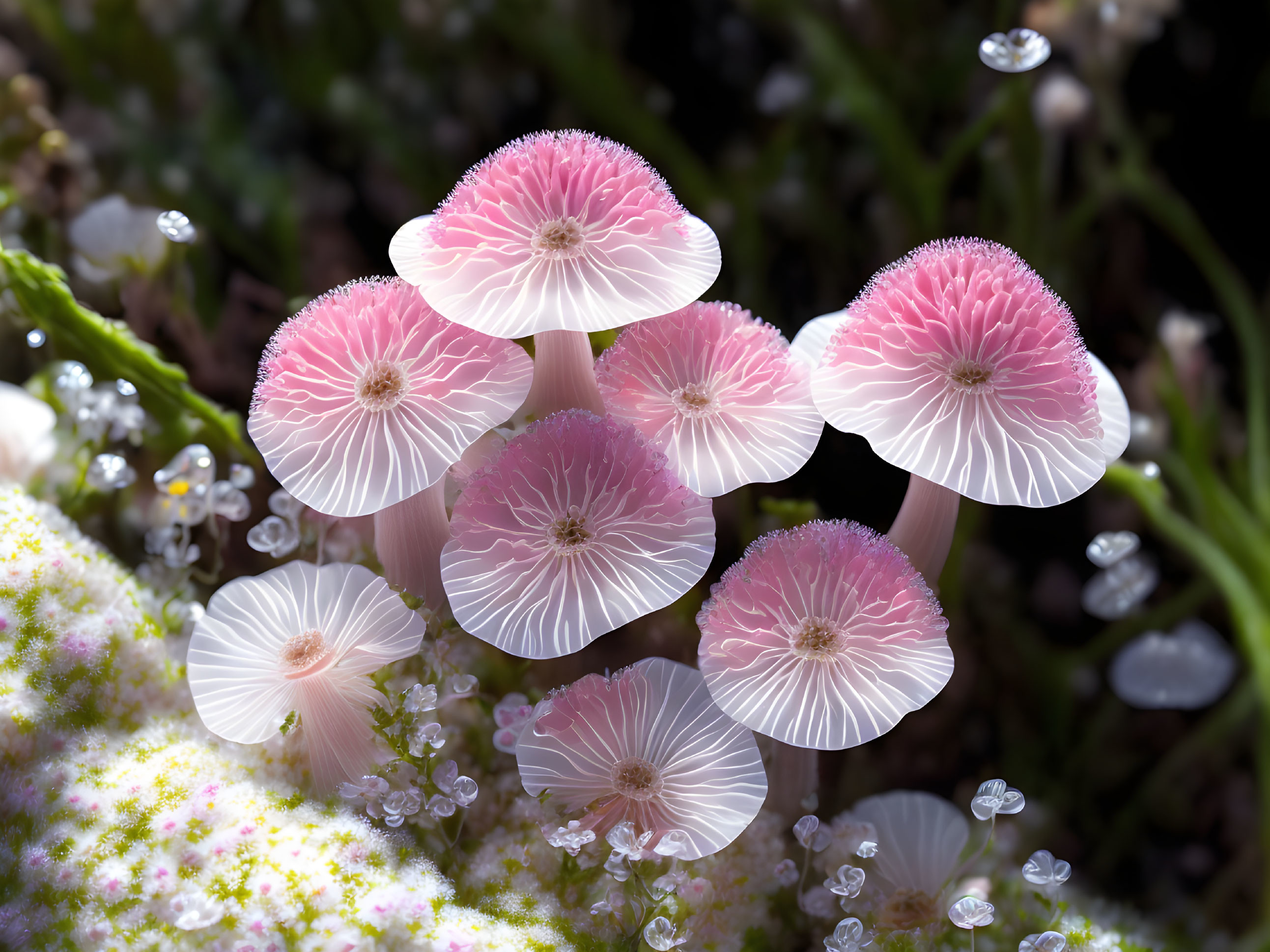 Delicate Pink Mushrooms with White-Dotted Caps in Green Foliage