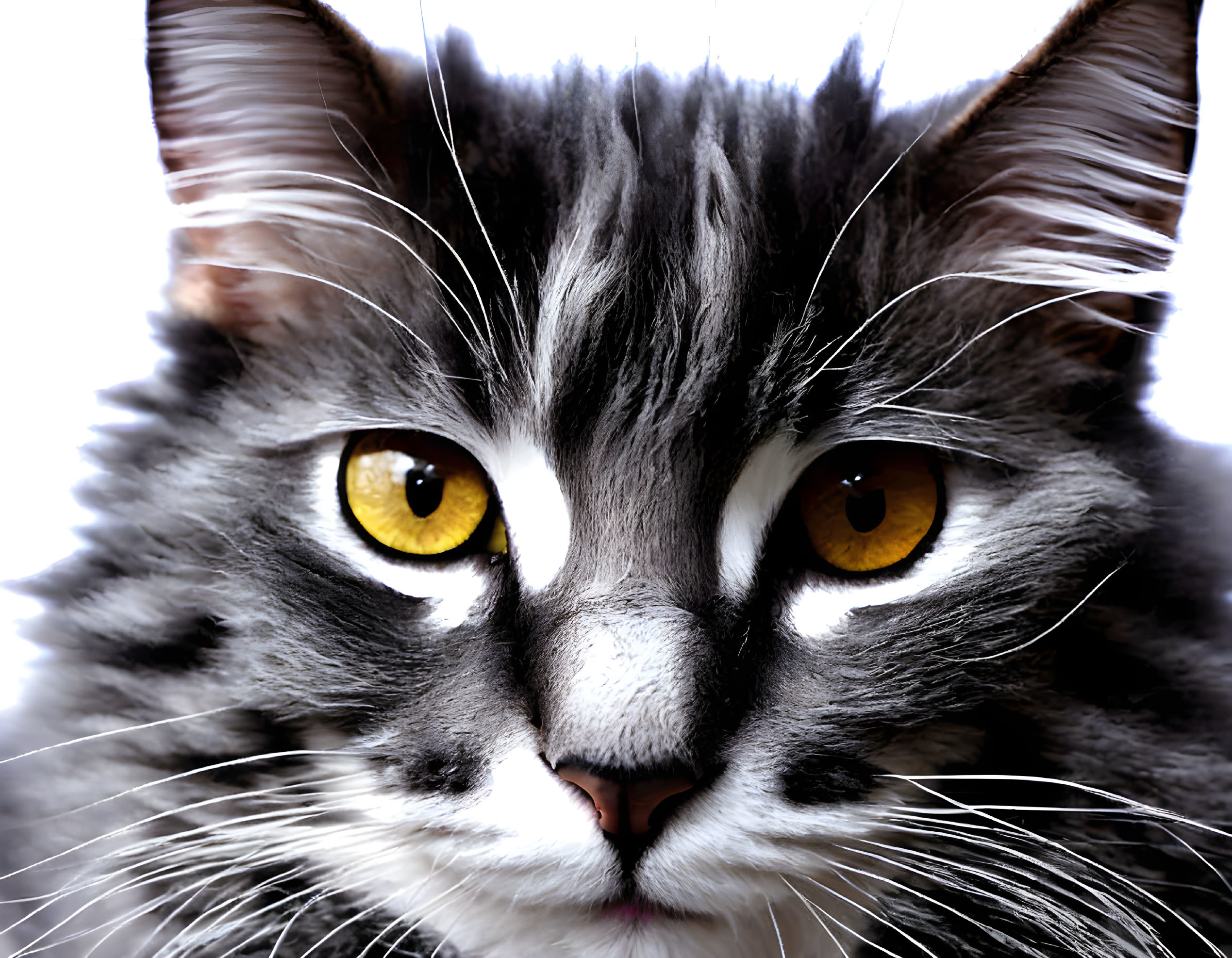 Grey and White Fluffy Cat with Striking Yellow Eyes Close-Up