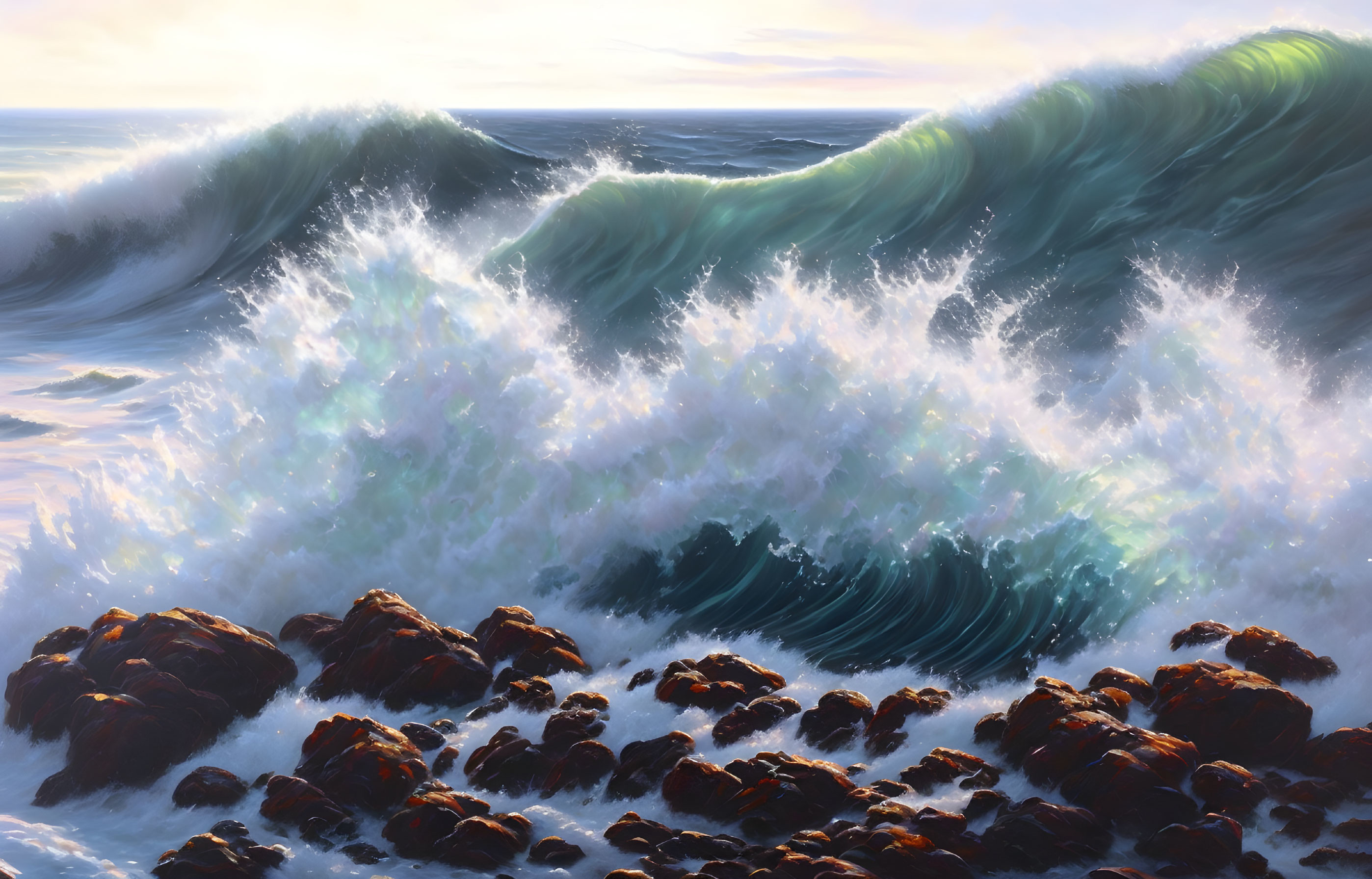 Hyperrealistic Digital Painting: Cresting Wave Crashing on Rocky Shoreline