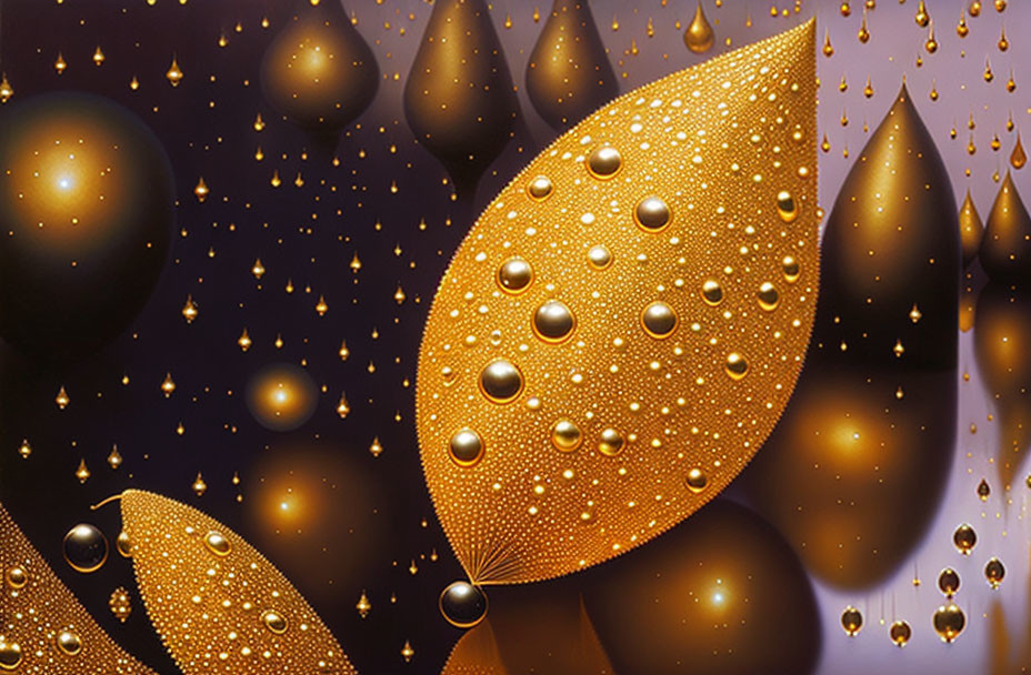 Golden leaves with water droplets on purple background and falling golden beads