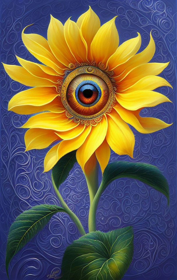 Surreal sunflower with blue human eye on textured background