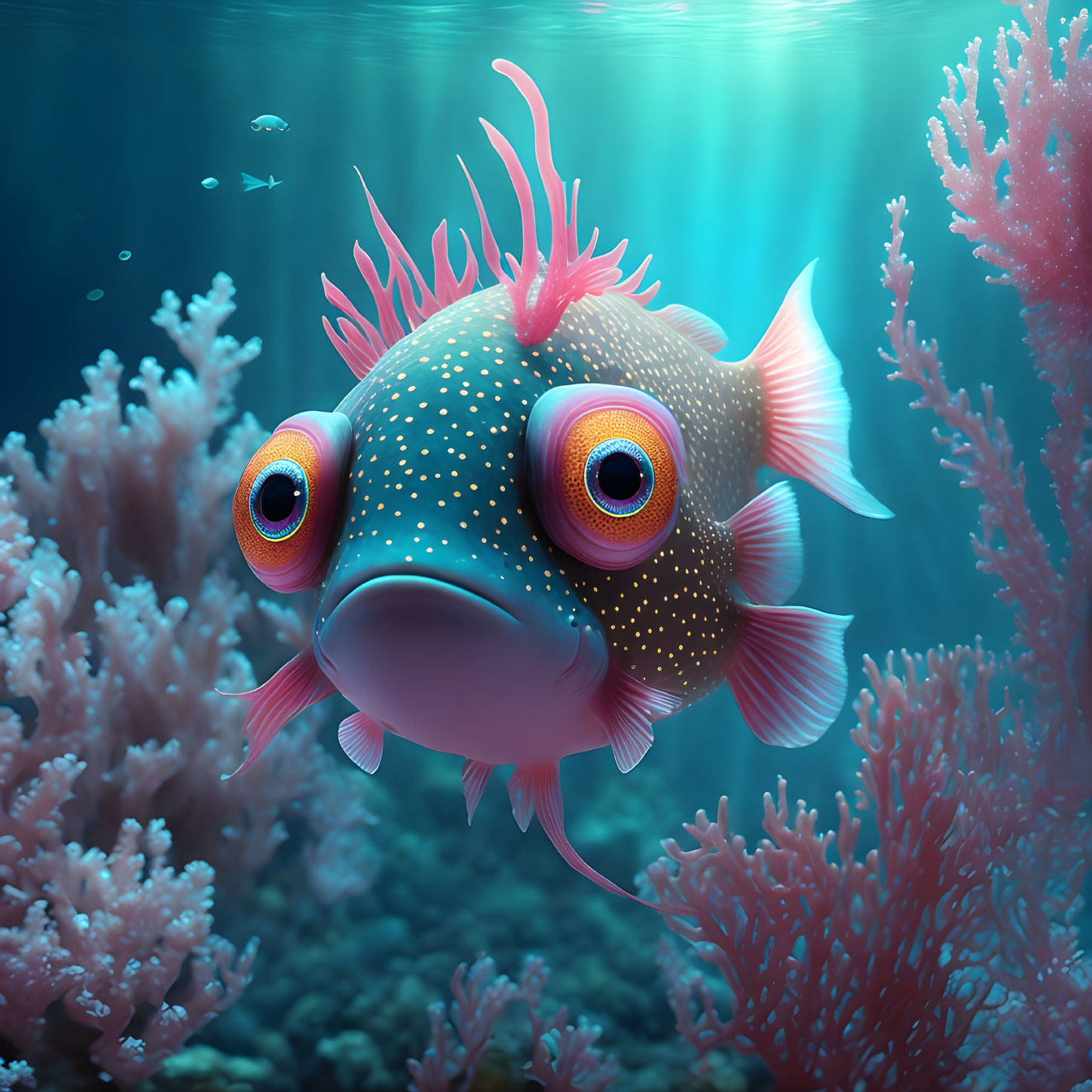 Colorful Cartoon Fish Swimming Among Coral and Light