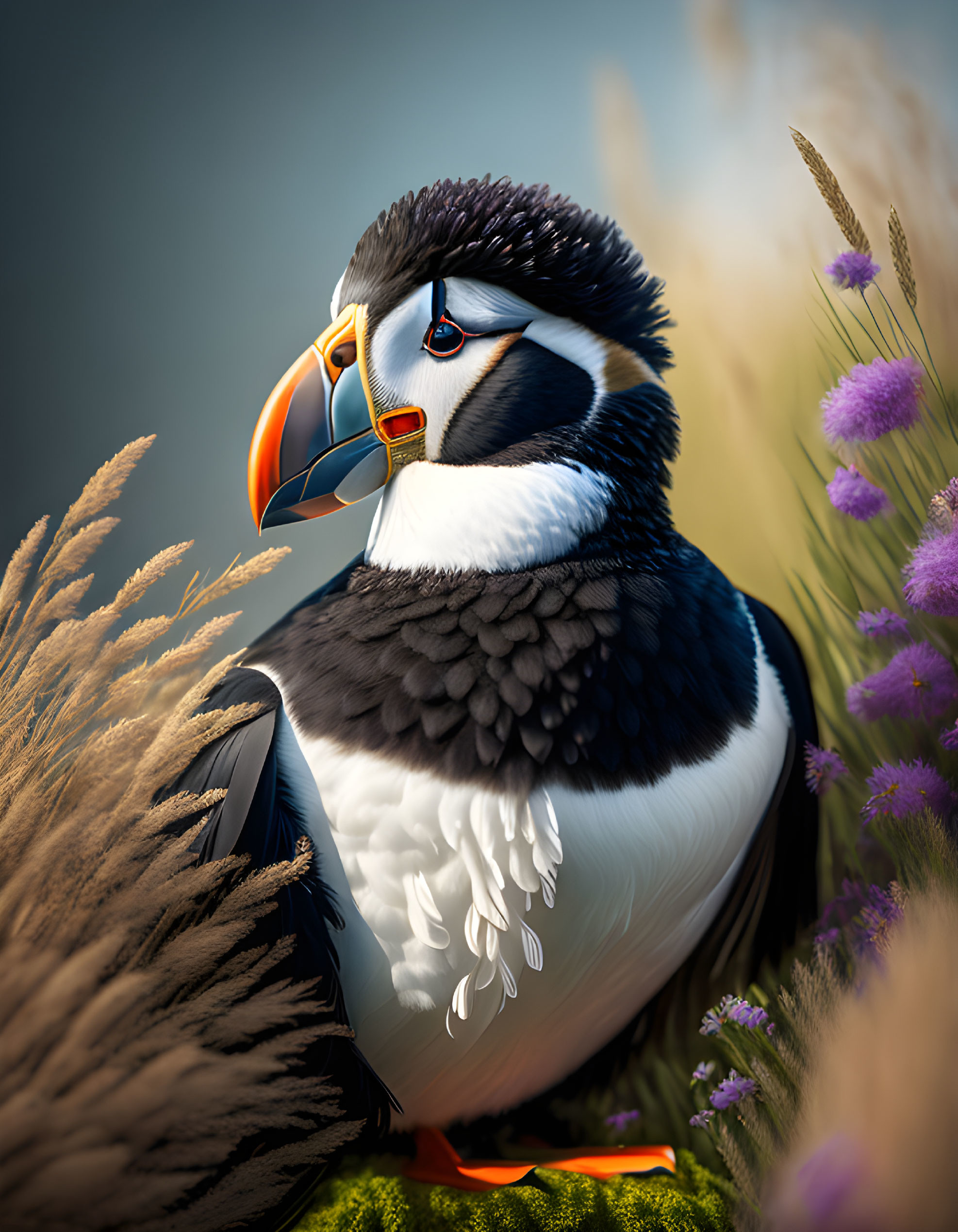 Vibrant puffin surrounded by grass and purple flowers