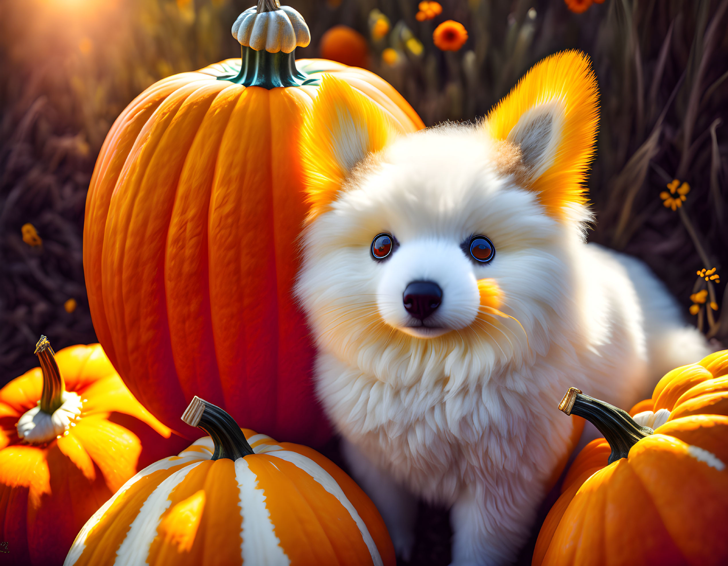 White fluffy dog with blue eyes in autumn pumpkin patch scene