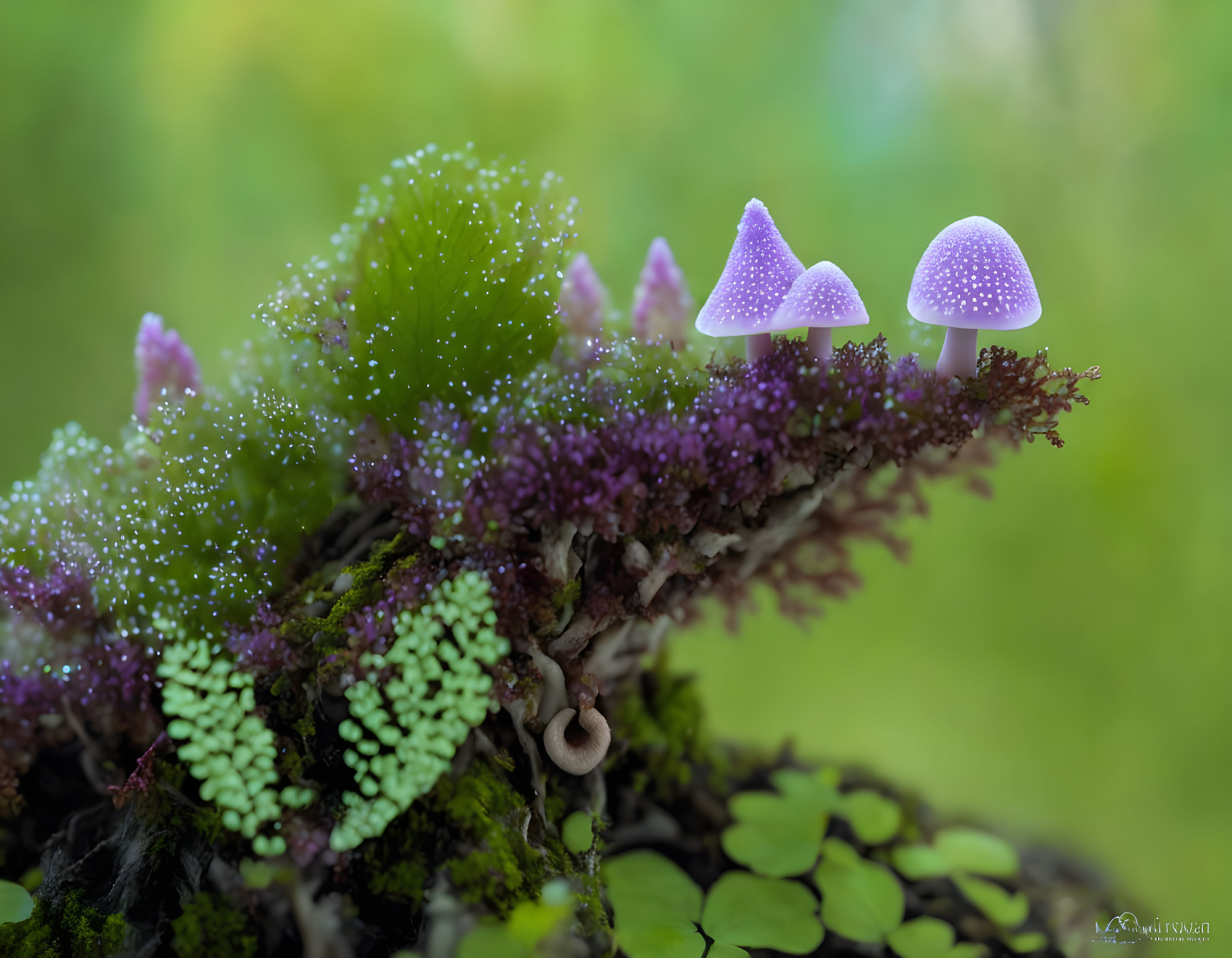 Purple Mushrooms with White Dots on Mossy Log Amid Green Ferns