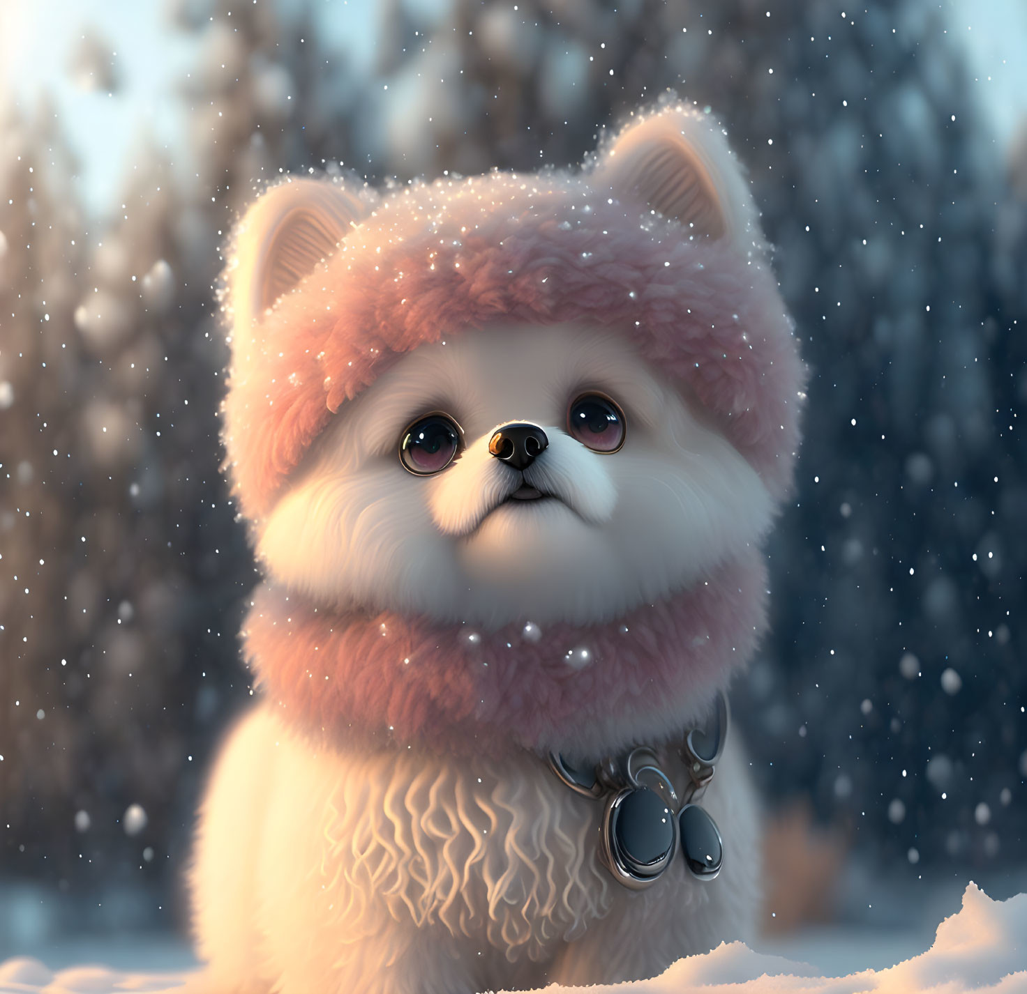 Peach Pomeranian in scarf and hat with snowflakes in winter forest