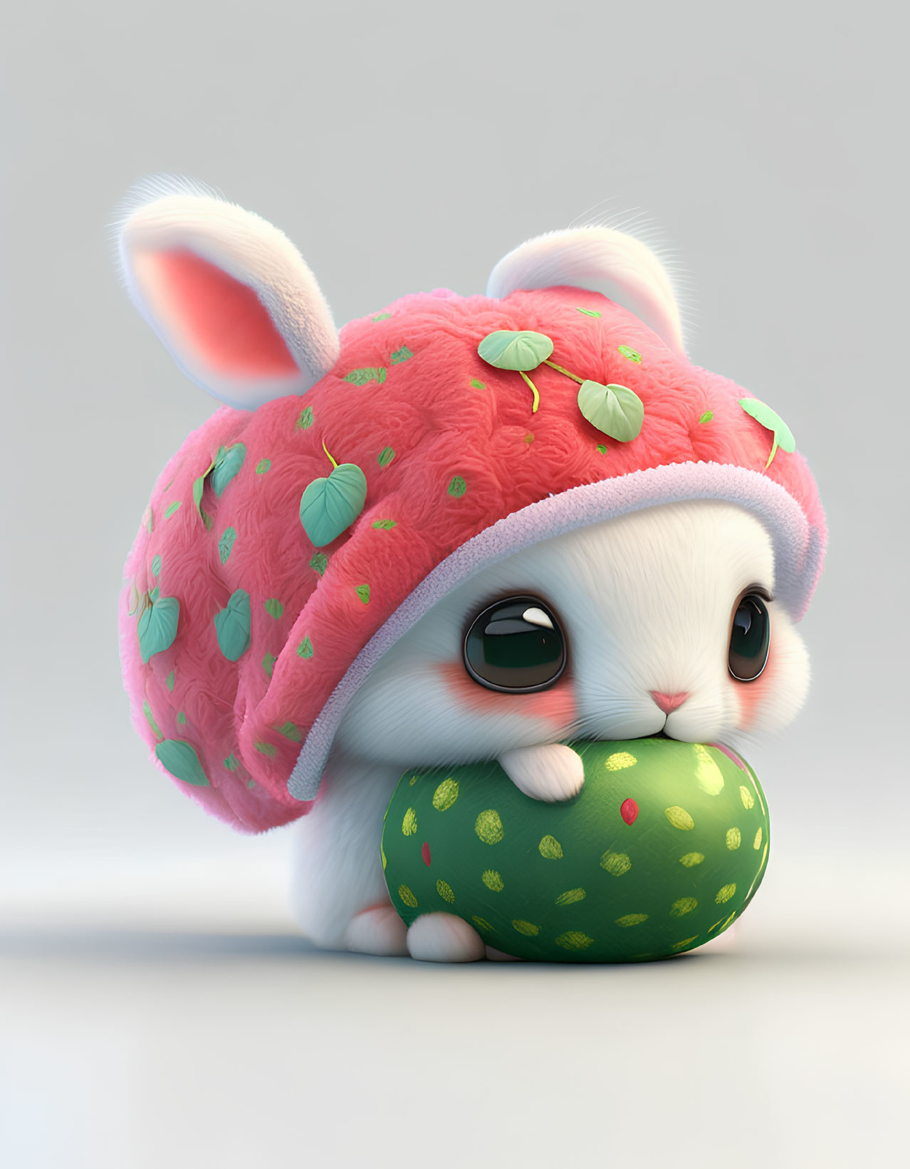 Animated rabbit in pink strawberry hat hugging green watermelon