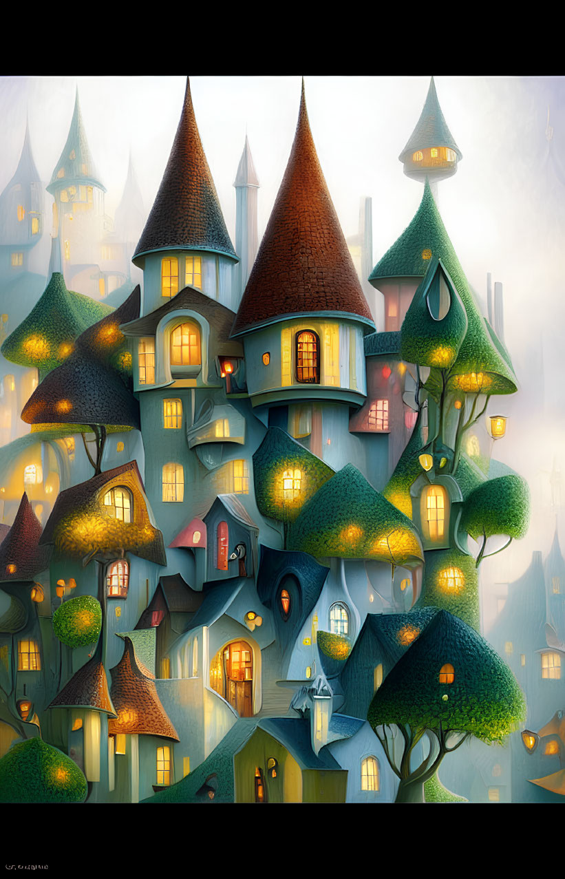 Fantasy houses with turrets and lush trees in misty setting