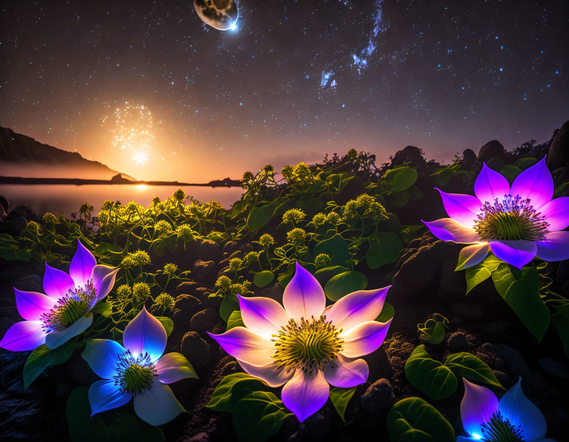 Vibrant night landscape with glowing purple flowers and celestial elements