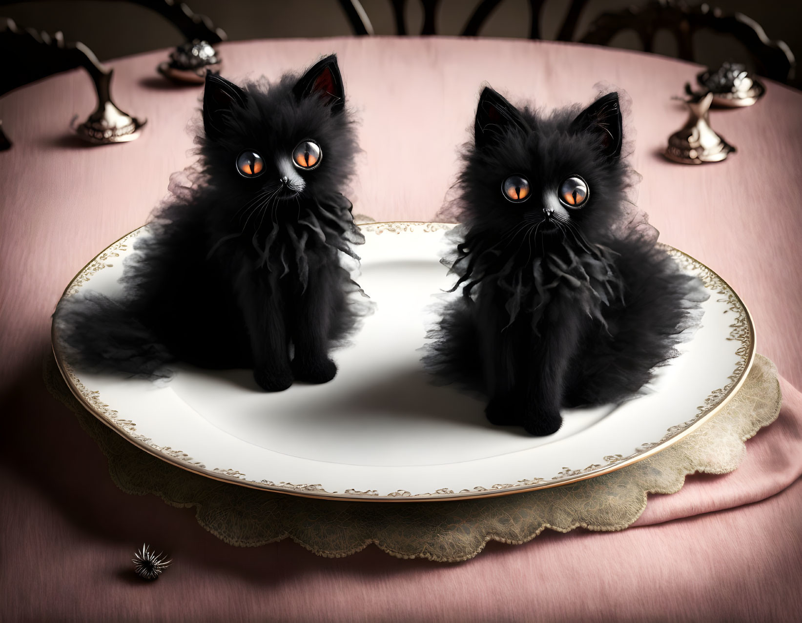 Fluffy Black Kittens with Amber Eyes on Ornate Plate