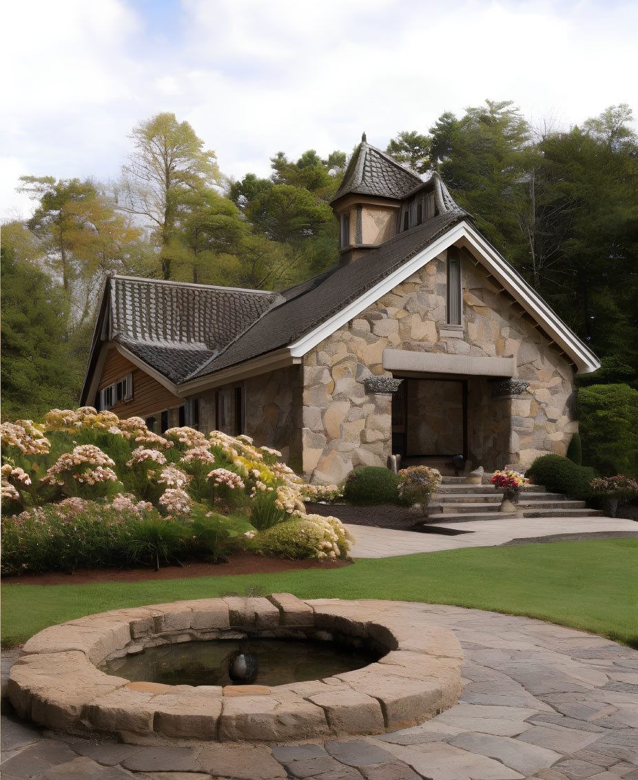 Stone house with pitched roof and well in garden