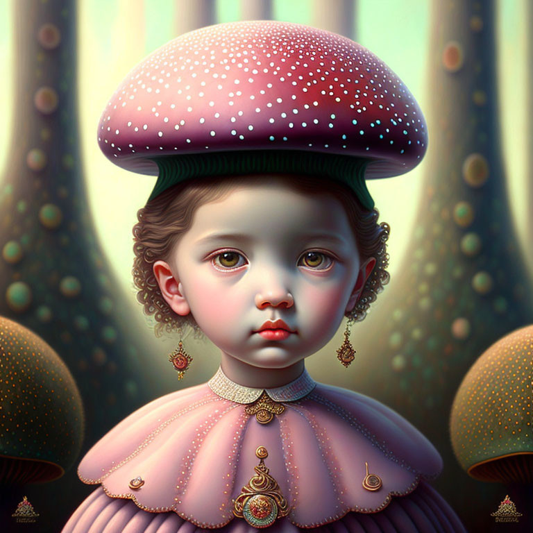 Child with Mushroom Cap Head in Pink Outfit in Fantasy Forest with Glowing Orbs