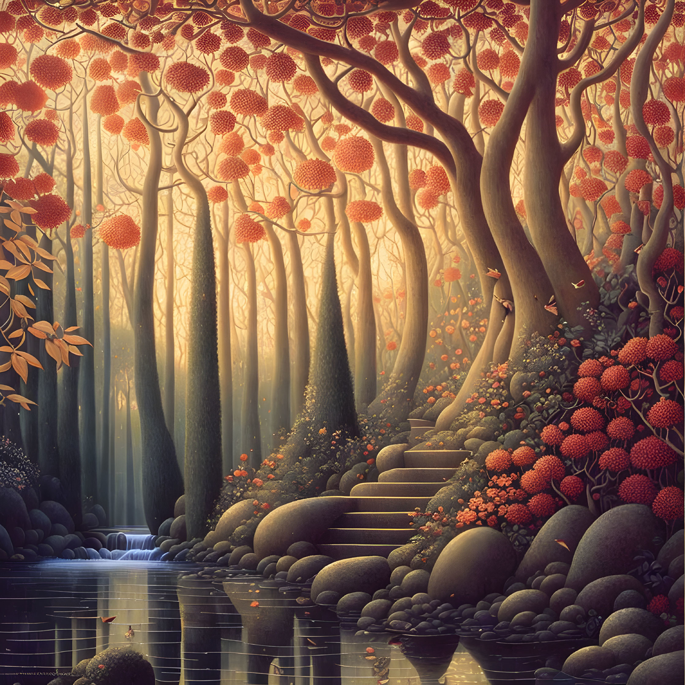 Enchanting forest with stream, red foliage, sunbeams, and stone path