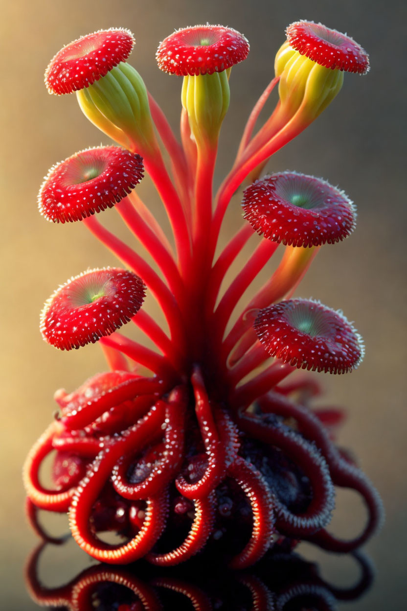 Vibrant red sundew plant with sticky tentacles on soft background