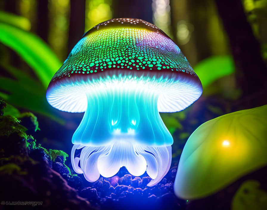 Bioluminescent jellyfish-like lamp illuminates dark forest floor