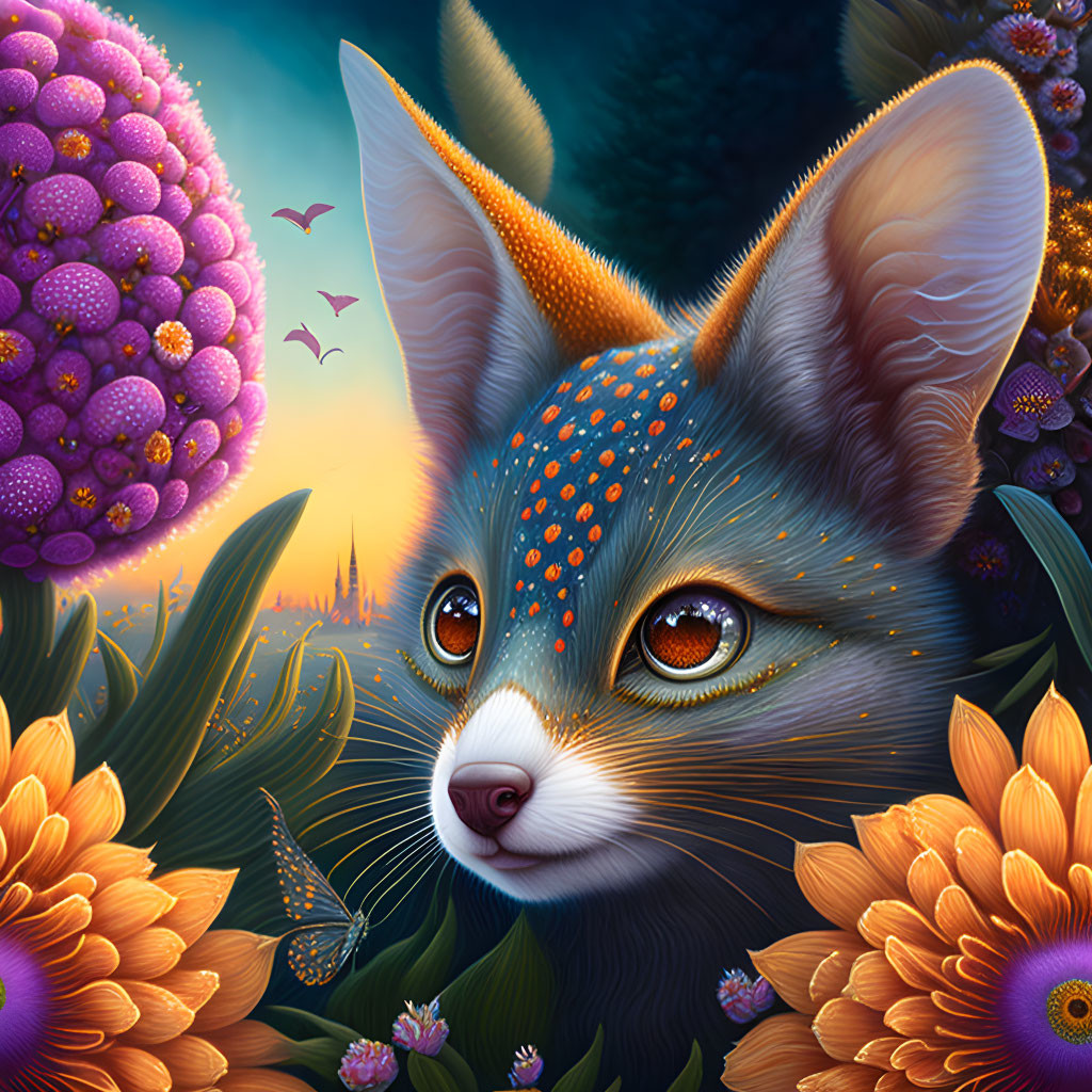 Whimsical fox surrounded by colorful flowers under twilight sky