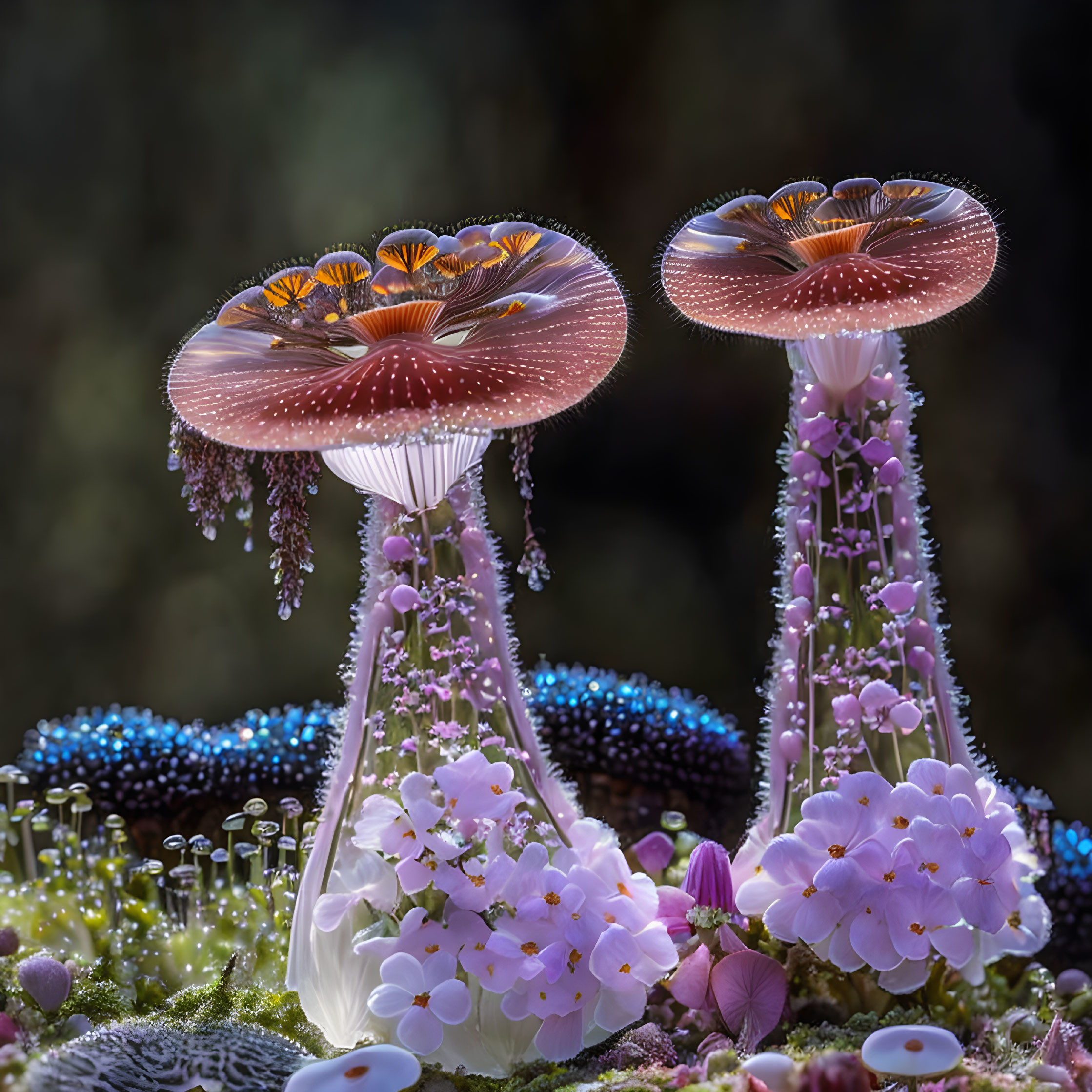 Fantastical jellyfish-like mushrooms in a glowing forest setting