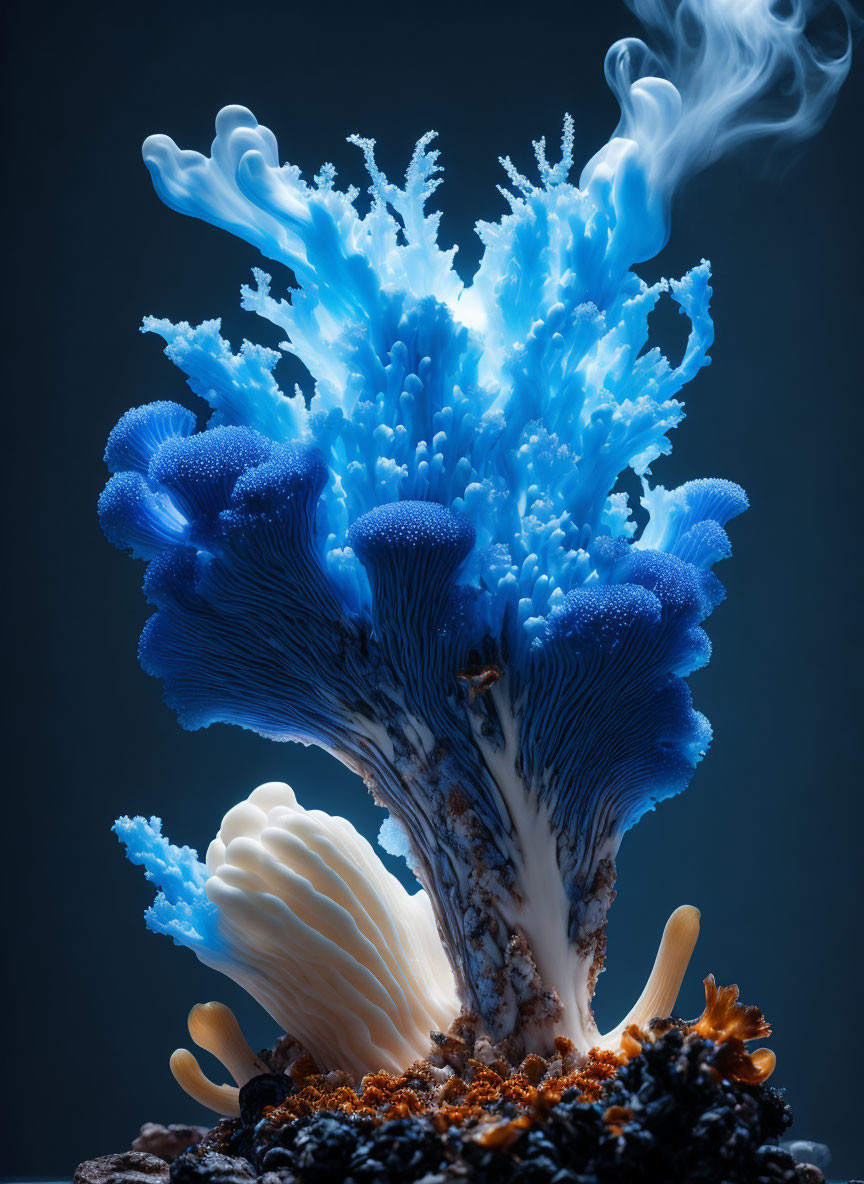 Intricate Blue Coral Structure Emitting Smoke on Dark Background