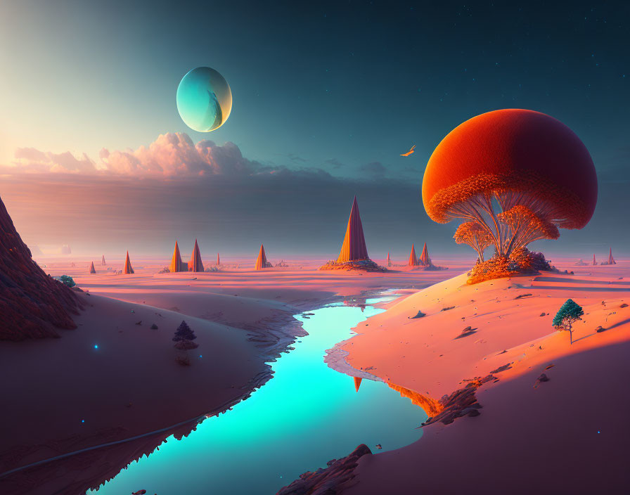 Surreal landscape featuring giant mushroom tree and alien sky