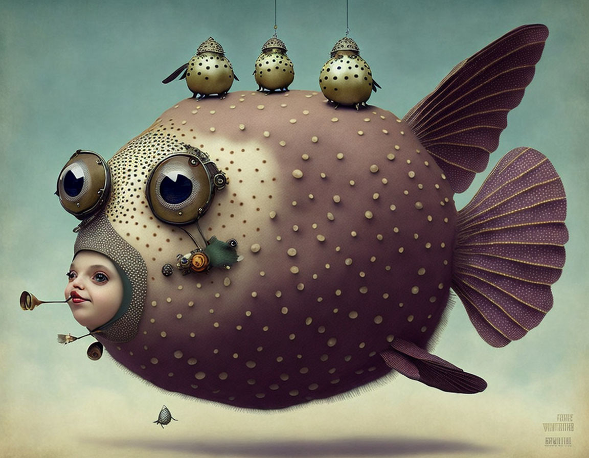 Illustration of spherical fish with human face and birds.