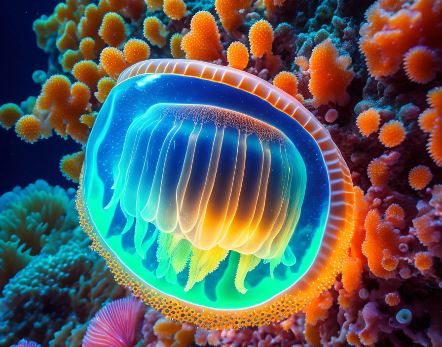 Bioluminescent jellyfish and colorful coral in deep-sea setting