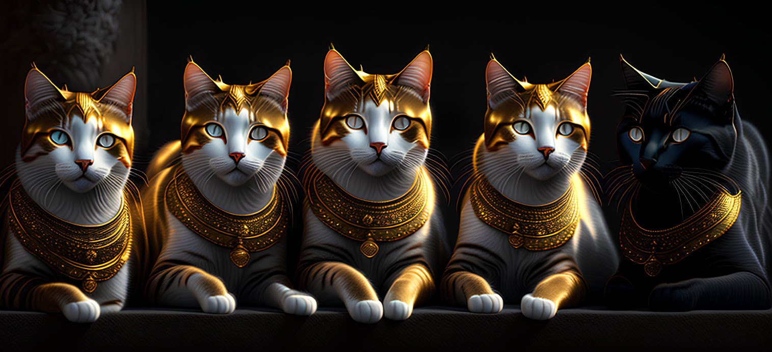 Five Cats with Blue Eyes and Gold Necklaces in a Row