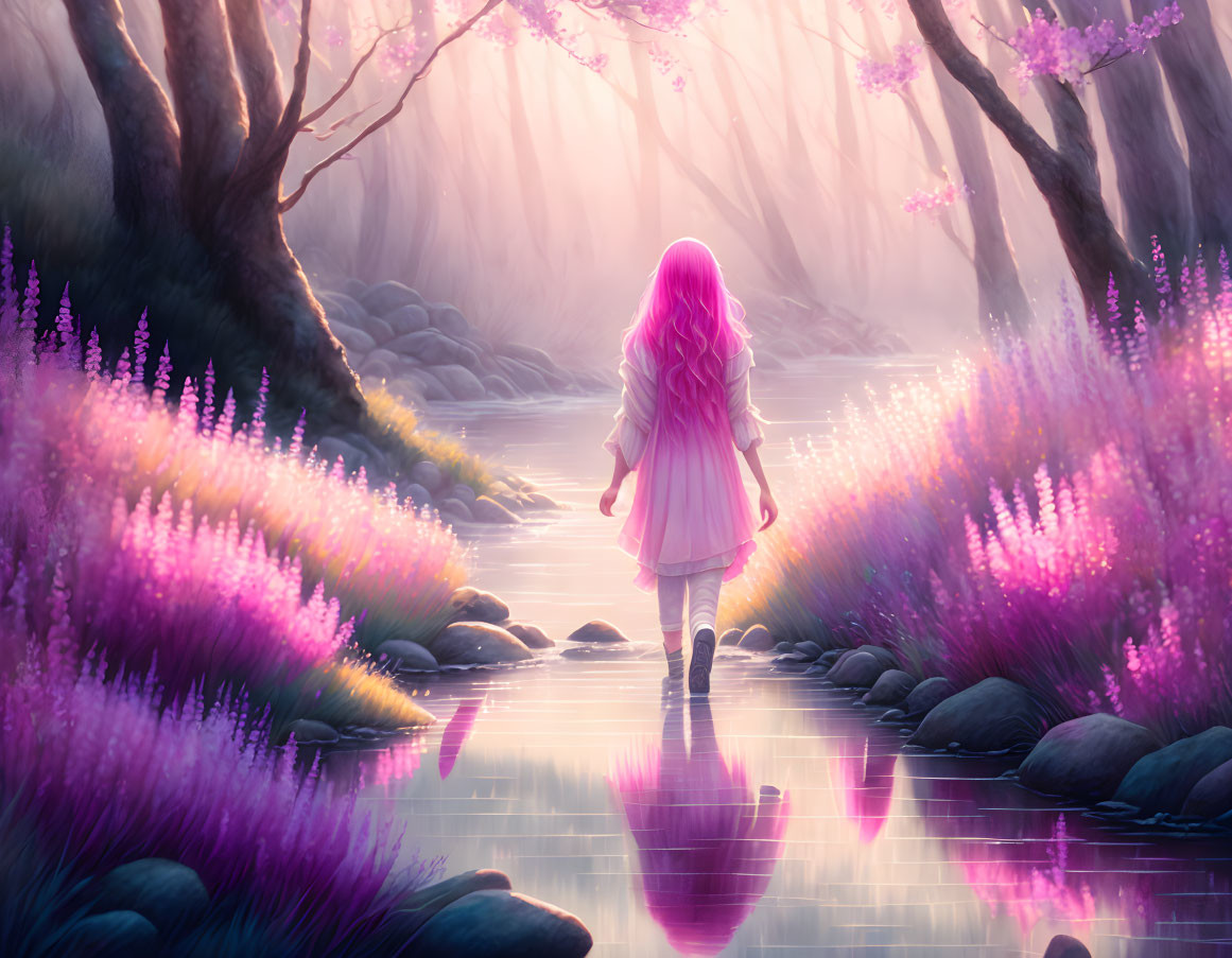 Pink-haired girl in magical forest with purple flora and glowing light