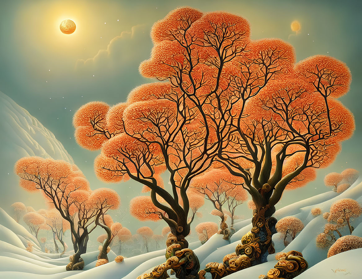 Vibrant coral-like trees, golden moon, snowy hills in surreal landscape